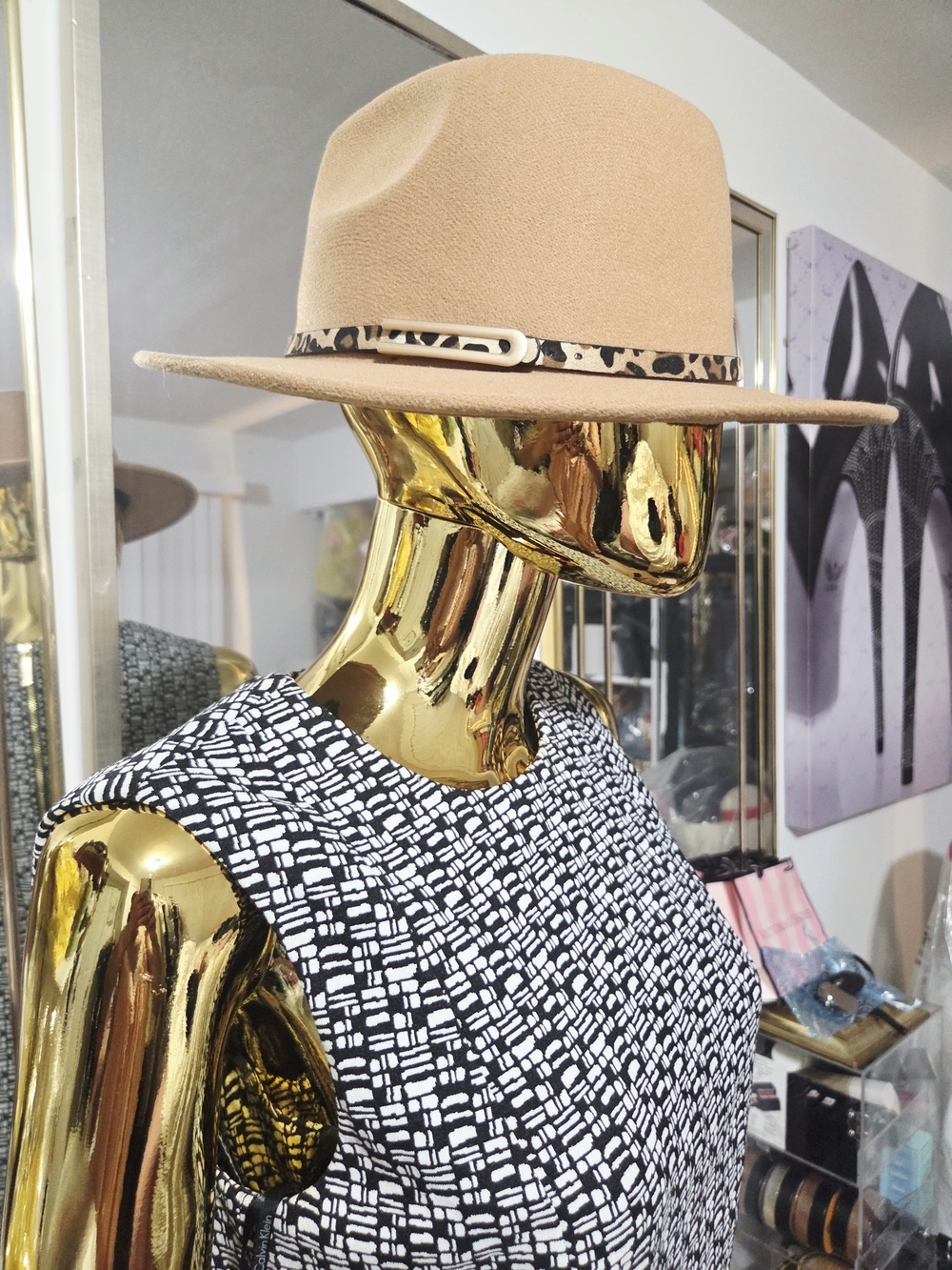 Women's Tan Fedora Hat with Leopard-Print Band